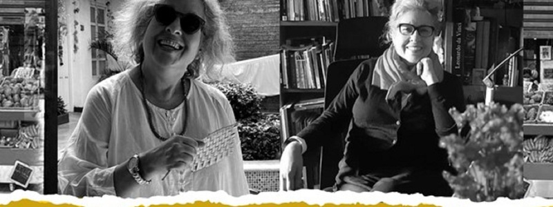 Imagen:  Carmenza Gómez con gafas oscuras sonríe a la cámara / Carmenza Gómez sentada con una biblioteca de fondo